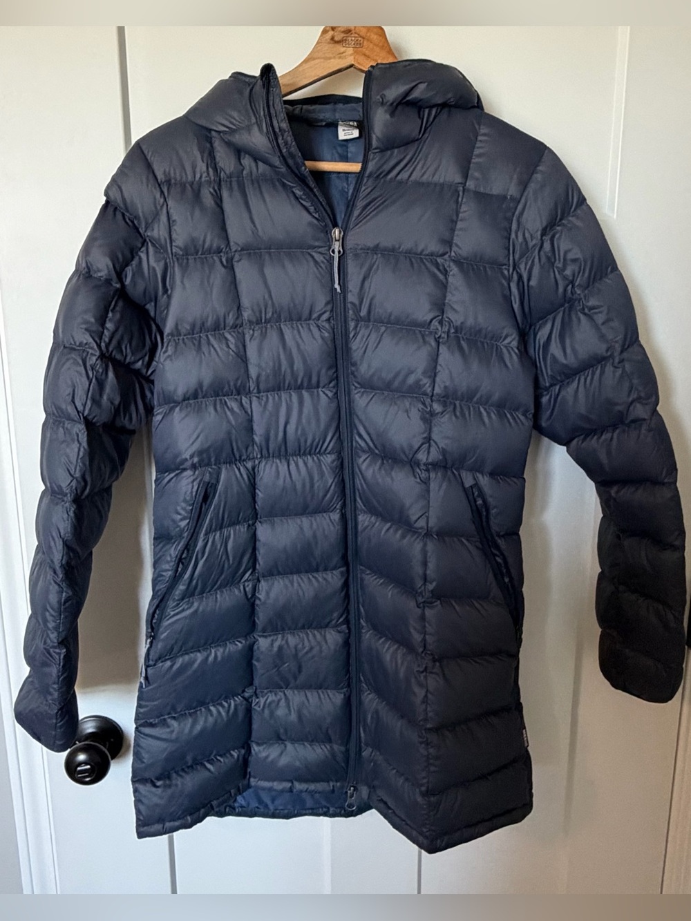 REI womens Long Hooded Puffer Jacket Down Packable Navy Lightweight
